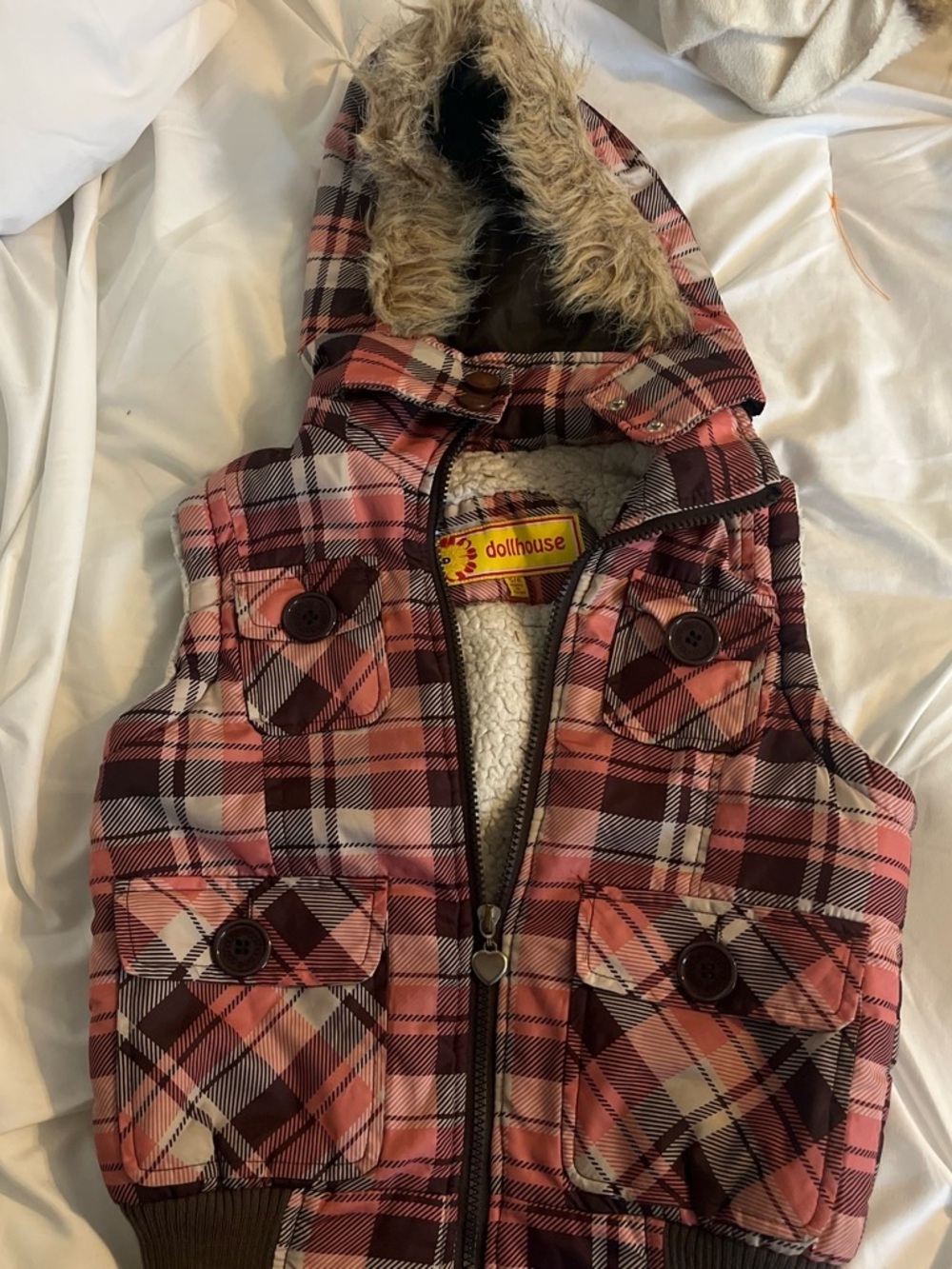 Dollhouse Pink and Brown Plaid Hooded Puffer Vest with Fur Trim